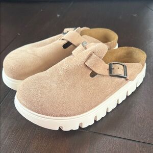 Birkenstock Papillio Tan Suede Clogs with White Soles